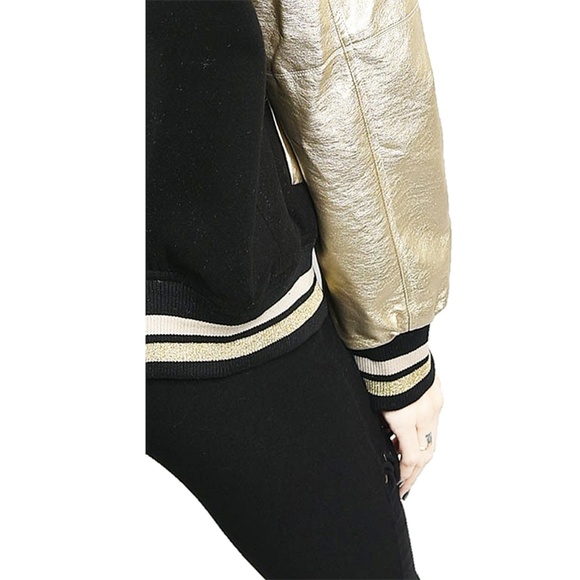 Black Gold Crystal Pin Bomber Varsity Jacket Coat - Picture 4 of 8